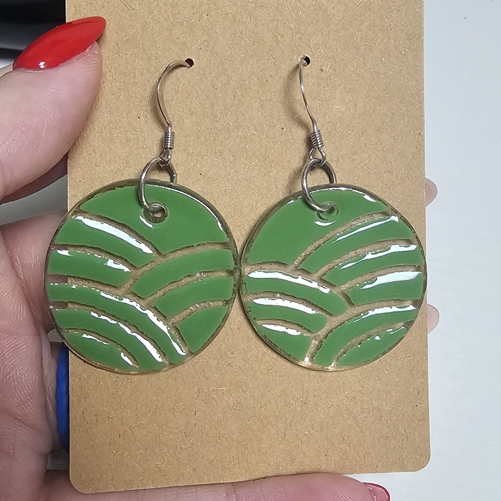 Green Enamel Glass Dangle Earrings‎